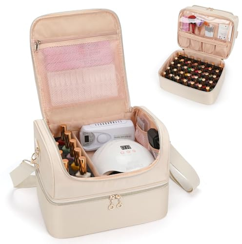 Nagellack Aufbewahrung, Doppelschicht Nagellack Organizer Tasche, Reise Aufbewahrungsbox für 45 Flaschen & Eine Nagellampe, Kosmetikkoffer Nagelkit Bag