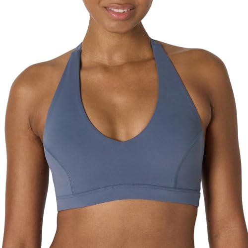 Amazon Essentials Women's Active FormFlex Buttery Soft Light Support Halter V-Neck Sports Bra, Slate Grey, M