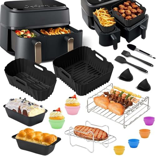 KKSJK Moule Air Fryer pour Philips Dual Basket Airfryer Série NA350/3000/5000, 25 Pièces Air Fryer Accessoires avec Plat Silicone Air Fryer 6L+3L, Grille Racks, Moule Pain, Lavable au Lave-Vaisselle