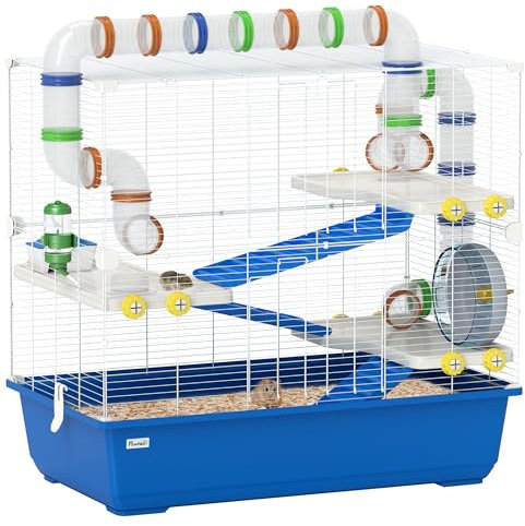 PawHut Hamsterkäfig für Zwerghamster 4 Etagen Kleintierkäfig mit Laufrad Nagerkäfig mit Futternapf Zubehör, groß Käfig Mäusekäfig 78 x 45 x 73 cm Blau