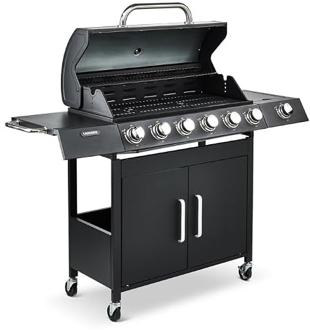 Fire Mountain Cascade 7 Burner Premium Gas BBQ, 6 Main + 1 Side Burner, Cast Iron Cooking Grill, Built-In Thermometer, Warming Rack Outdoor Family Sized Barbecue