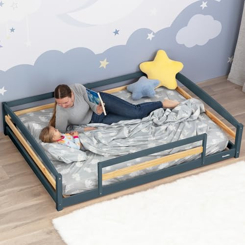 Ocodile Full Size Montessori Floor Bed for Kids - Strong Slatted Bed Frame with Full Rails - Ideal for Little Girls and Boys - Gray