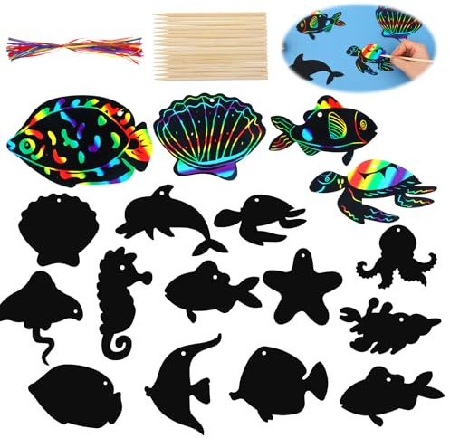 Ptwola Meerestiere Kratzbilder, Regenbogen Scratch Art Kratzpapier | 36 Blätter, für Kinder, mit Holzstiften Band, DIY Unterwasserwelt Zeichnen, Basteln für Kindergeburtstag Party