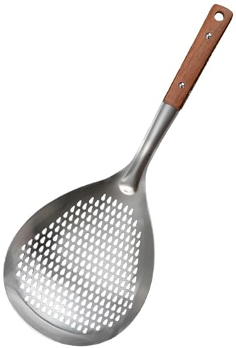 Schaumlöffel Edelstahl, 38,5cm Schaumkelle mit Holzgriff und Aufhängeöse zum Abseihen, Kochen und Braten, Spülmaschinengeeignet