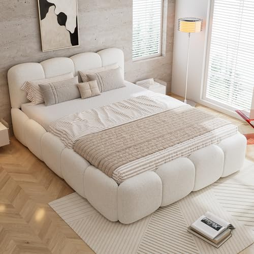 Merax Upholstered Double Bed 4ft6, Children’s Bed 135x190cm, Boucle Bed Frame with Soft Headboard, Sturdy Slatted Bed Base, Beige Upholstered Bed - NO MATRESS