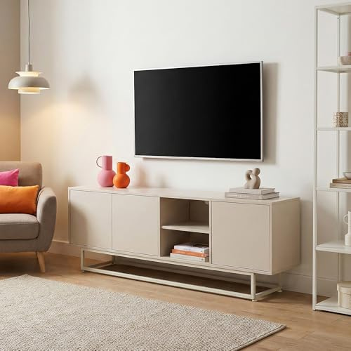 [en.casa] Armadietto Credenza Bassa con 3 Ante Push-Open e 2 Vani Aperti Piedistallo in Metallo Mobile Contenitore Stand TV per Soggiorno Camera Ingresso 160x30x57 cm Avena Oatmeal