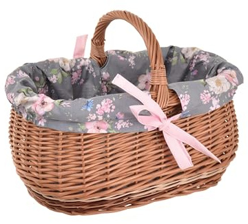 Aqbau Grand panier en osier avec anse - Panier à provisions en osier naturel avec insert en tissu (3 designs) - Panier de pique-nique tressé fait à la main - Panier de transport stable pour les