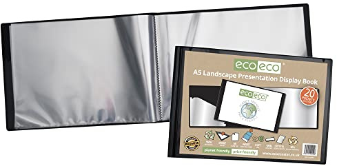 eco-eco A5 50% återvunnen 20 fickor svart landskap presentation visningsbok, förvaringsfodral portfölj konstmapp med plastärmar, eco094