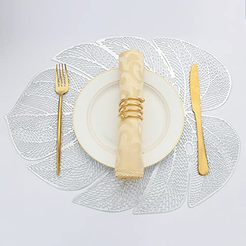 Evevda Silver Leaf Shaped Vinyl Placemats for Dinner Table Set of 6 Metallic Plastic Place Mats Wipeable 6Pcs Table Mats for Wedding Annersary Dinner Table Decoration Mats(17.7x13.8inch/45x35cm)