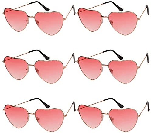 WEDNOK 6 Pairs Hippie Specs Glasses Heart Shaped Hippy Sunglasses with Red Lens Rose Gold Frame for Fancy Dress Cosplay Party Festival Daily Use World Book Boy Girl Costume Accessories