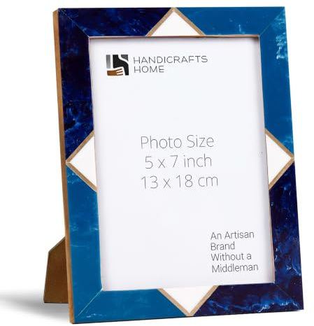 Handicrafts Home Decorative Resin Inlay Brass Blue Picture Frame Brass, 5x7 | Tabletop or Wall Display, Portrait & Landscape Orientation, Coastal Modern Home & Office Shelf Decor, Handmade Christmas Gift