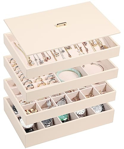 Voova Stackable Jewelry Organizer Tray with Lid, PU Leather Jewelry Storage Holder for Drawer Inserts, Jewellery Display Box Case for Earring Necklace Ring Watch Bracelet (Set of 4, Apricot)