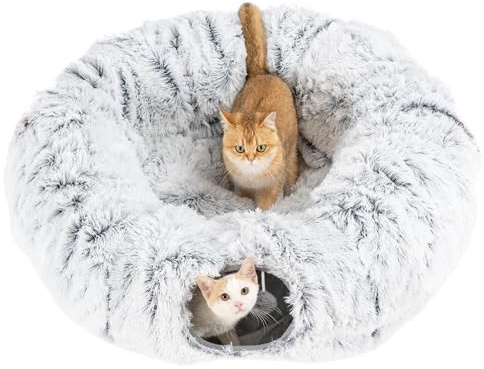 Avont Cat Tunnel Bed with Central Mat, Large Cat Donut Bed Tunnel Tube for Indoor Cats Kittens Ferret, Plush Fluffy Cat Doughnut Play Tunnels -Grey