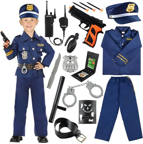Deguisement Policier Enfant Garcon, 14PCS, Costume, avec Chemise, Pantalon, Chapeau, Ceinture, Menotte, Brassard Police Insigne, Talkie-Walkie, Pistolets Jouets Pour Halloween Carnaval