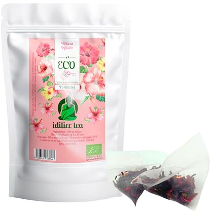 IDILICC TEA Infusion de Hibisco Flor de Jamaica 100% Ecológico. 30 Pirámides. Bolsitas de Te. Infusion Natural. Te de Jamaica. Flor de Hibisco. Antiinflamatorio y Mejora la Digestión