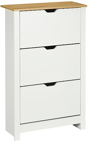 HOMCOM Meuble à Chaussures 18 Paires, Armoire à Chaussures étroite avec 3 tiroirs rabattables et étagères réglables, Style Moderne, pour Couloir, entrée, 72 x 26 x 112 cm, Blanc et Bois Naturel