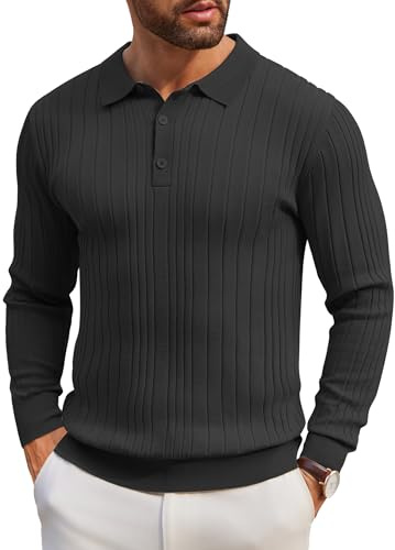 COOFANDY Herrtröja med polokrage, långärmad, finstickad polotröja, normal passform, stickad tröja, basic, enfärgad herrtröja, A-svart, XXL