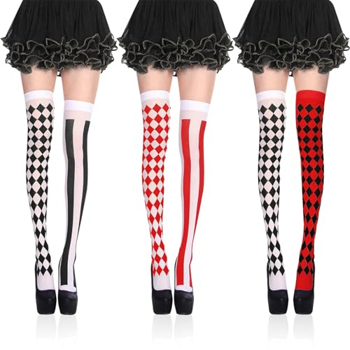 Lets Joy Calcetines Largos Mujer, 3 Pares Medias de Circo, Medias por Encima de la Rodilla, Medias Rayas Negro y Rojo, Mujer Calcetines Largos Disfraz para San Valentín Carnaval