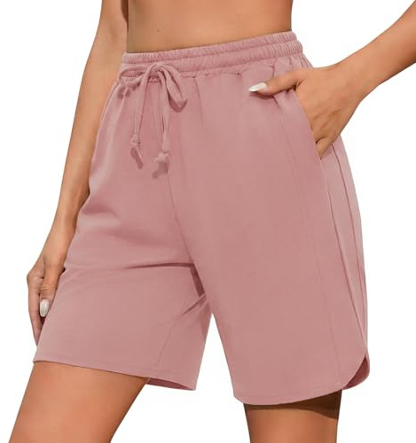 Demegimi Sportbyxor dam sommar enfärgad bomull joggingbyxor shorts med hög midja för kvinnor för gym sport löpning jogging, Rosa, M