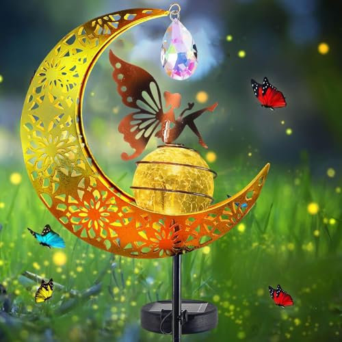 YeahBoom Lampada Solare da Giardino da Esterno Fata dei Fiori,Luci Decorative per Esterni con Sfera di Vetro a Led Luce,Lampada Solare Lunare,per Balcone,Prato,Patio o Cortile