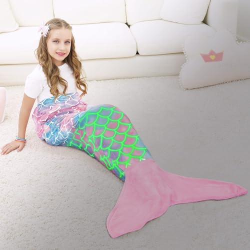 WERNNSAI Mermaid Tail Blanket Glow in the Dark Soft Flannel Throw | 110x40cm,Soft Flannel Scale,Birthday Gift,All Seasons,Christmas,Luminous,camping,reading,sofa,Machine washable,Portable