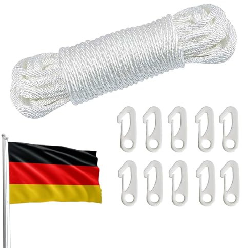 Flaggstång rep, 20 m flaggstång halyard med 10 flaggkrokar, diameter 6 mm väderbeständigt rivbeständigt klätterrep, nylonflaggrep flaggstång snöre för flaggstång segelbåt trädgård camping