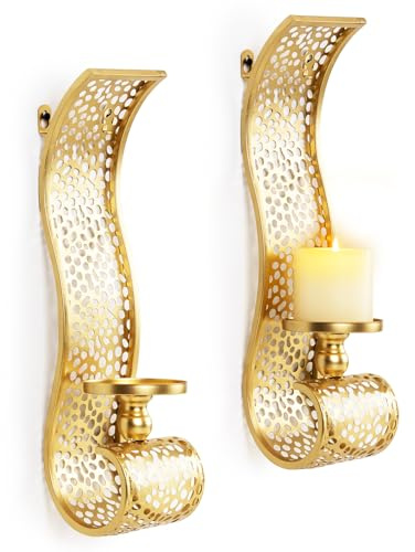 Gold Candle Sconces - Metal Wall Candle Holders for Living Rooms hallways Decorative Set of 2