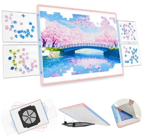MobiPuzz 1500 Pieces Puzzle Board 3-in-1 Double-Sided & Rotating & Tilting, Plastic Puzzle Table with Sorting Boxes and PVC Cover, Portable Lazy Susan Jigsaw Puzzle Board for Adults, Blue Pink