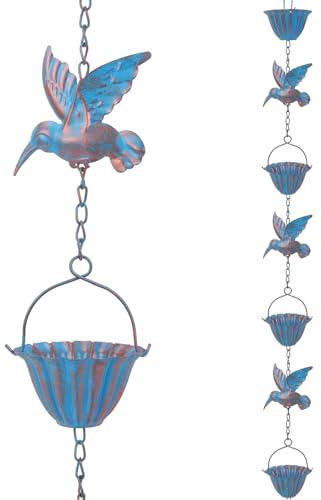 Domigard 2.4m Rain Chains for Outside, 7.9ft Hummingbird Rain Chain with 7 Rain Chain Cups, Adjustable Rain Catcher Drain Chain for Eaves Drainage, Replacement for Downspout