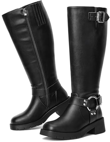 Pasuot Wide Calf Boots for Women - Black Knee High Square Toe Wide Width Platform Plus Size Tall Boots with Side Zip, Buckle Chunky Heel Big Leg Fashion Fall Boot for Work, Daily Wear, 8 Wide