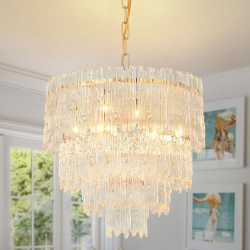 KUNYEEE Modern Crystal Chandelier, Round Glass Raindrop Luxury Pendant Light 4-Tiers Ceiling Hanging, Gold Chandeliers Fixture for Dining Room Living Room E14 x 4, Ø40 cm
