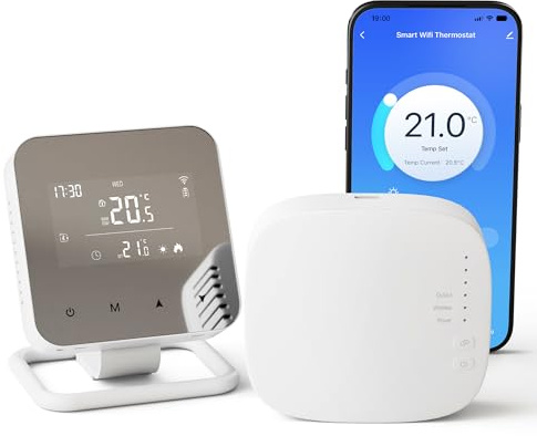 Vaconoff Thermostat Connecté sans Fil avec Un Récepteur, pour Chaudières à Gaz et Chauffage au Sol à l'eau, WiFi Intelligent, 3XAAA Batterie Ou USB Alimenté,Compatible avec Alexa Et Google Assistant