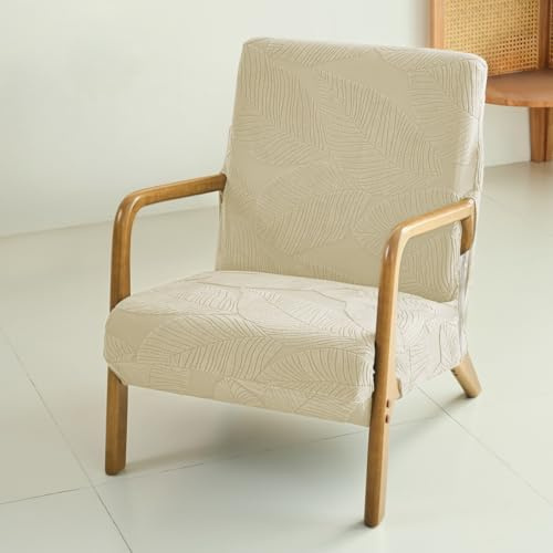 Highdi Fundas para Silla de Brazo de Madera, Funda Elástica para Sillón Salón de Jacquard Moderno con Cremallera, Protectora de Sillón Individual para Sala de Estar Dormitorio (Hojas Beige)