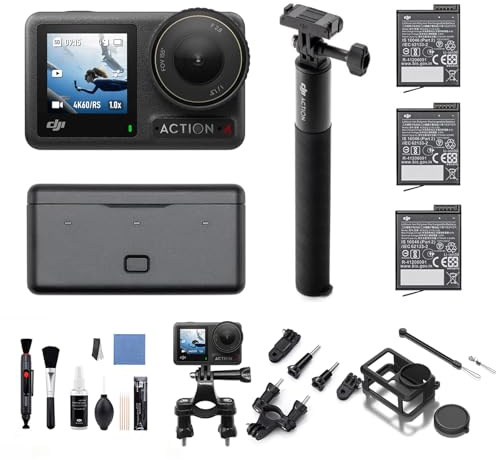 DJI Pack Aventura Osmo Action 4 Bundle - Cámara Sumergible 4K/120 fps, Sensor de 1/1.3 Pulgadas, D-Log M y 10 bits, Campo de visión de 155º, hasta 7.5 h con 3 baterías adicionales para Grabar Vlogs