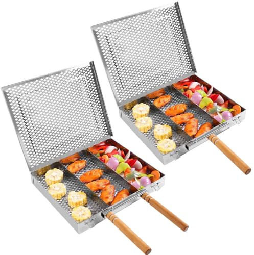 Tidevib Griglia in acciaio inox con manico in legno rimovibile, per pollo, pesce, verdure, design con serratura per una distribuzione uniforme del calore, 30,5 x 25,5 x 4 cm