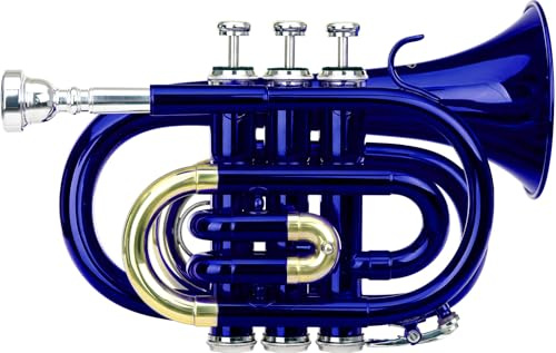 Classic Cantabile Brass TT-400 Trompeta De Bolsillo Bb (latón, campana diámetro: 93 mm, calibre: 11,8 mm, afinación: Bb, incluye estuche ligero, boquilla, paño de limpieza, guantes) azul