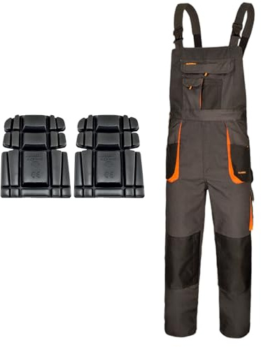 ART.MAS Men's Classic Bib and Brace Overalls, Grey-Orange, Multi-Pocket Work Dungarees with Knee Pads (34/36 Inch - 52 EU)