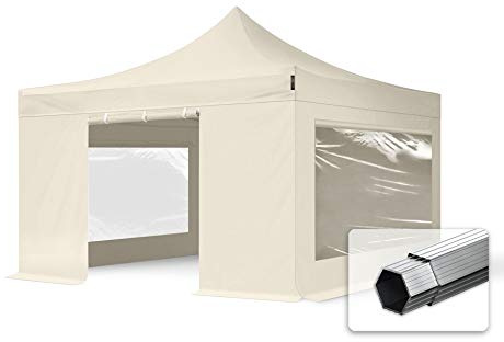 TOOLPORT Faltzelt Professional 4x4 m - mit 4 Seitenteilen (Panoramafenster) Faltpavillon ALU Pavillon Partyzelt Creme