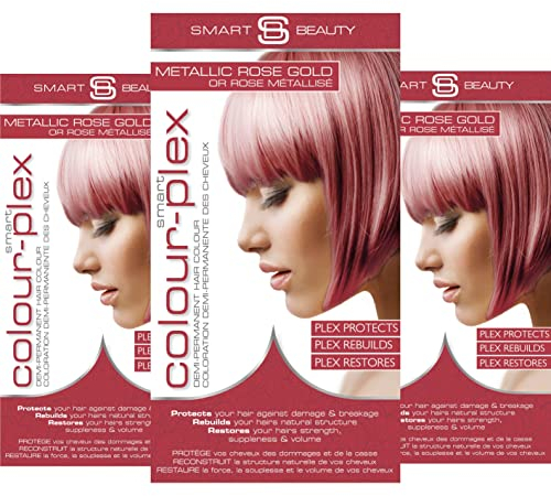 Metallic Rose Gold Hair Dye Demi-Permanent, Toner for Bleached Hair, Anti-Breakage Plex Hair Care, Vegan Hair Dye, Cruelty-Free, 100% Grey Coverage, Rose Hair Colour, by Smart Beauty (pack of 3)