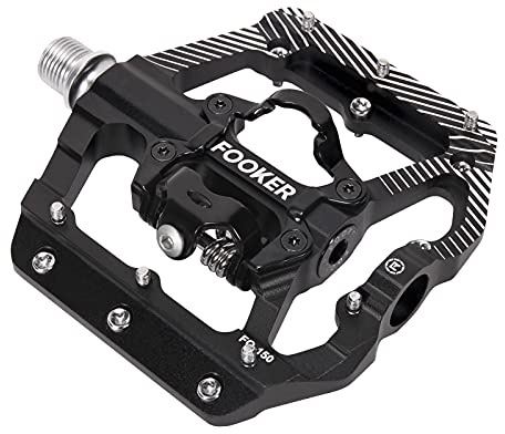 FOOKER MTB Mountain Bike Pedals 3 Bearing Flat Platform Compatible with Dual Function Sealed Clipless Aluminum 9/16 Pedals with Cleats for Road