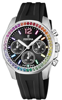 Festina Damen Uhr Analog Kautschuk Schwarz - Quarz Chronograph - Mineralglas hochresistent - 10 ATM wasserdicht F20610/3 - Boyfriend Collection