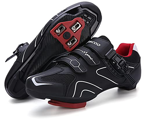 Mens Womens Cycling Shoes Compatible with Peloton Bike Indoor Outdoor Road Bike Riding Shoes with Look Delta Cleats Pre Installed Clip in Pedal, (Black White, 9)