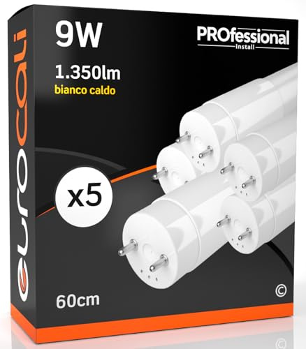 Eurocali 5x Tubo LED T8 9w 60cm Alta Luminosità 1350 lumen Fascio Luminoso 320° - Luce Bianco Caldo 3000K - Sostituzione Neon