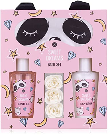 Accentra - set de regalo para mujer Sweet Dreams - set de belleza con antifaz para dormir de panda, gel de ducha, loción corporal y confeti de baño de rosas - set de bienestar para mujeres y niñas