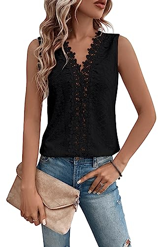 GORGLITTER Spitzen Oberteile Damen Tank Top Mit V Ausschnitt Spitzentop Elegant Tshirt Mit Öse Stickerei Sommer Top Locker Schwarz L
