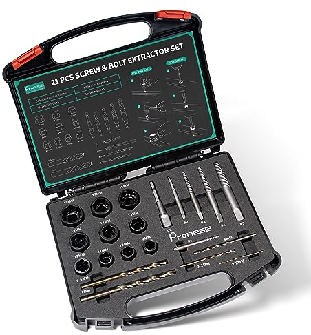 Pronese 21 pcs Bolt&Screw Extractor and Drill Bit Set, Damaged Screw Extractor Set, Bolt Nut Remover and Locking Wheel Nut Removal Tool, Easy Out Broken Lug Nut Extraction, Socket Tool for Stripped