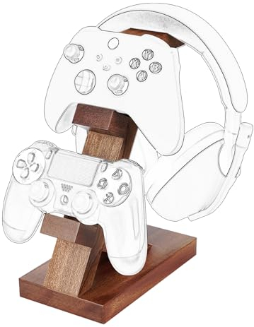 Geekria Support de Manette de Jeu Double en Bois Massif et Support de Casque, Support de Rangement de contrôleur pour PS4/PS5/Xbox/Switch/8BitDo, Accessoires de Jeu de Bureau universels