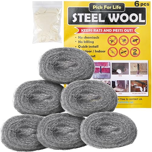 Steel Wool Mice - 6 Pack 0000 Rodent Control Gaps Blocker Stainless Coarse Wire Wool Fill Fabric DIY Kit, Easy to Use Stop Rats and Mice Insect Pest, Includes Work Gloves