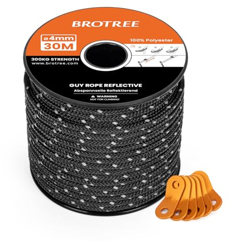 Brotree Campingrep 4mm 30m Reflekterande Tältspännlinor Vindtät Tält Guide Rep med 6 St Aluminiumspännare för Camping Tent Markis Gazebo (Svart)