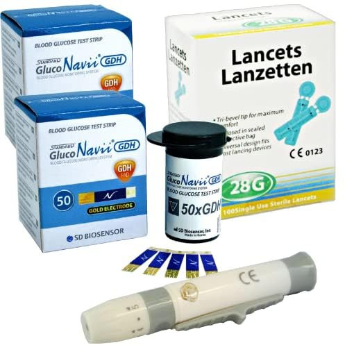 GlucoNavii 100 x Blood Glucose Test Strips + Lancing Device + 100 28g Lancets